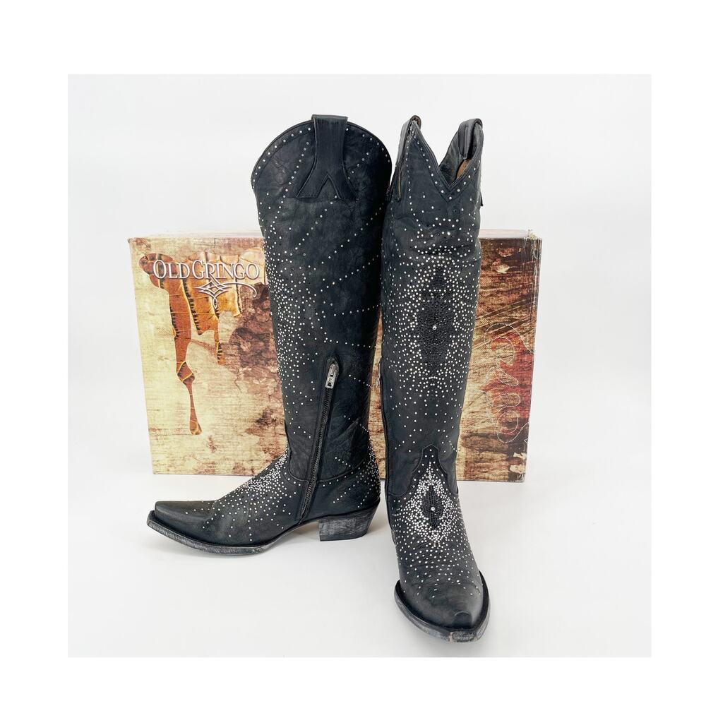 Old Gringo Women's 7.5 Celina Black Crystal Studded Knee High Cowgirl Boots